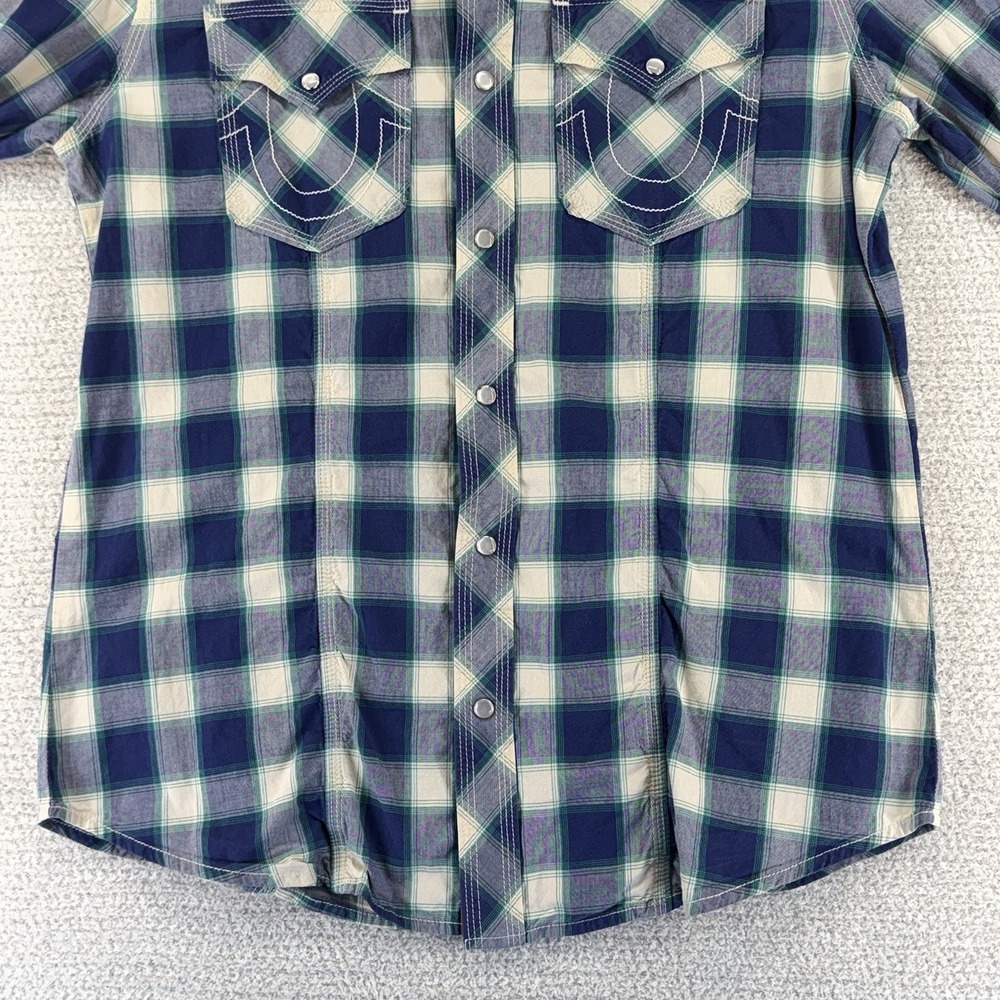 True Religion Western Pearl Snap Shirt Mens Large Blue White Plaid Long Sleeve - Picture 5 of 15